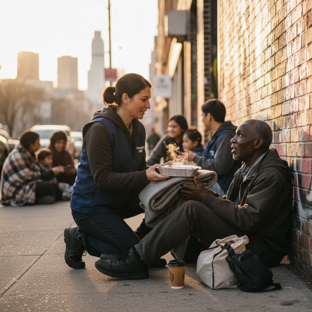 Volunteer handing resources and care to a person experiencing homelessness